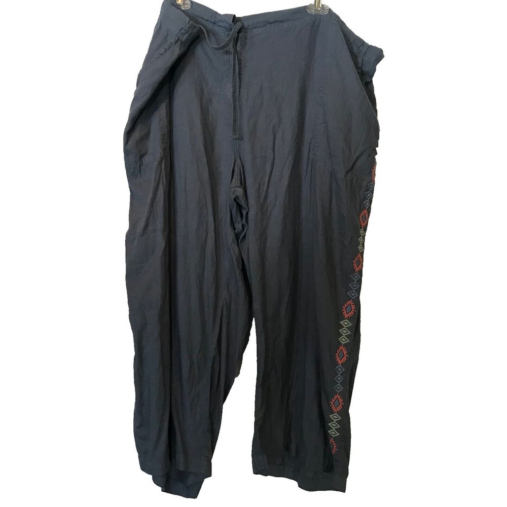 Johnny Was Linen Embroidered Drawstring Waist Pants - White - Size XL
